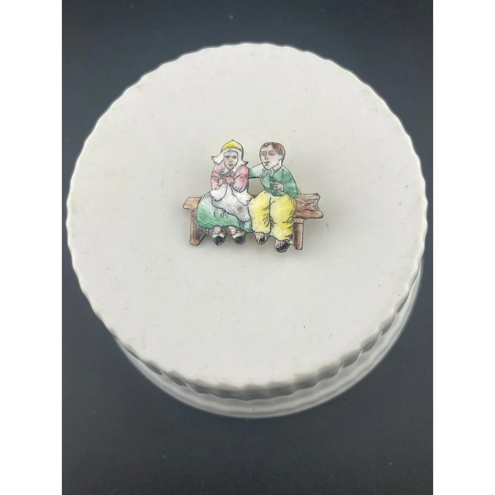 Vintage Czech Figural Brooch Couple on Bench Hand Painted Enamel Pin Vintage
